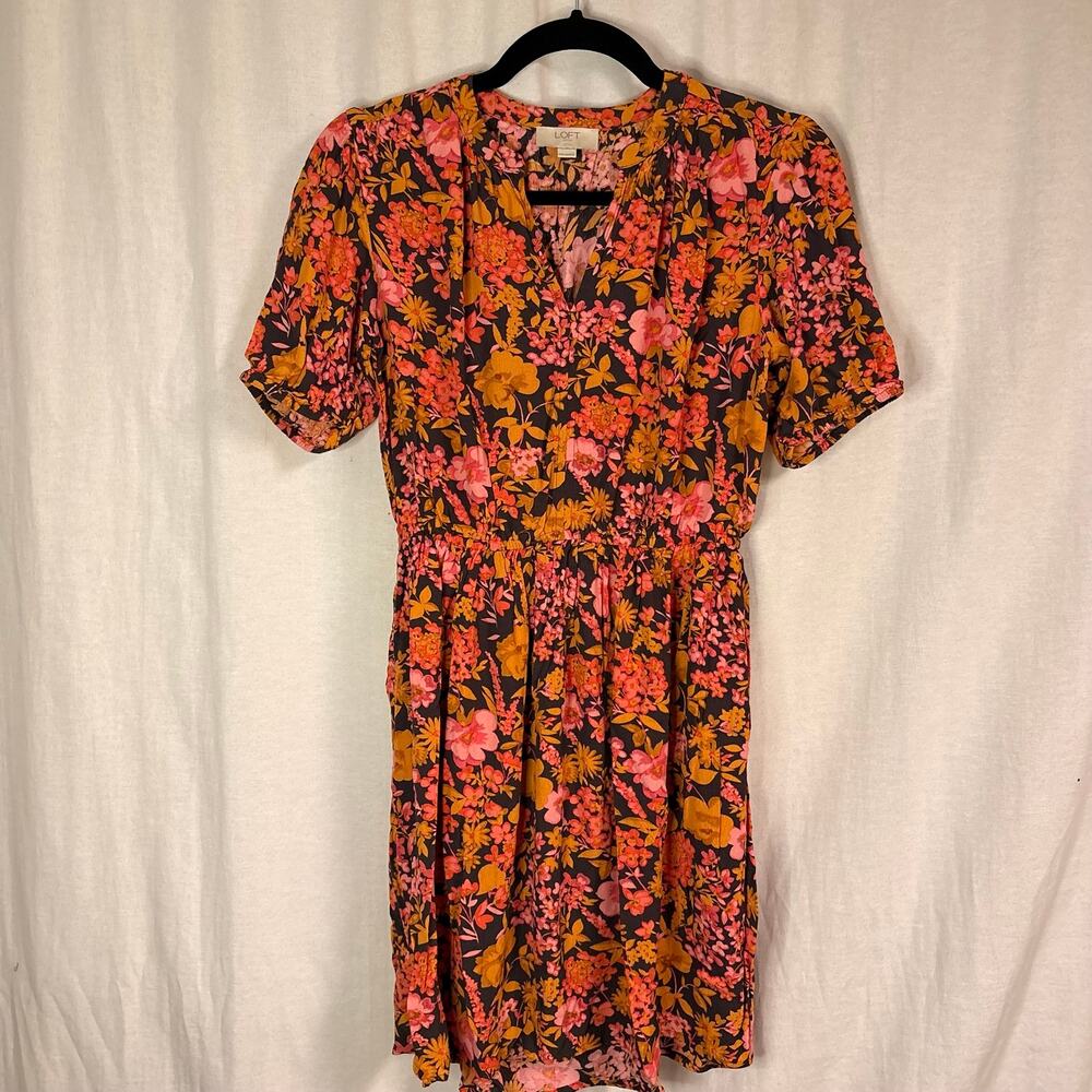 LOFT Outlet Petite Floral Mini Dress Pink Brown Rayon Short Sleeve XSP